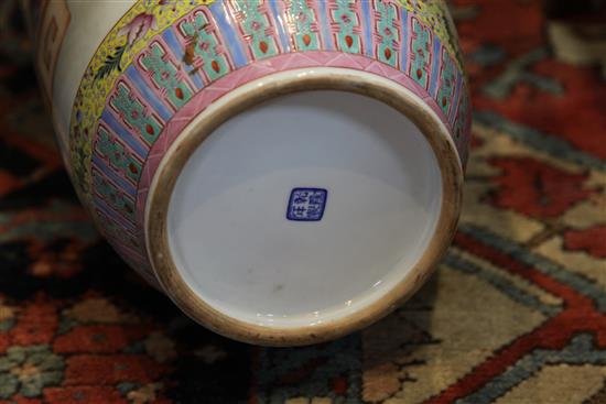 A large Chinese famille rose cylindrical vase, 58.5cm, wood stand
